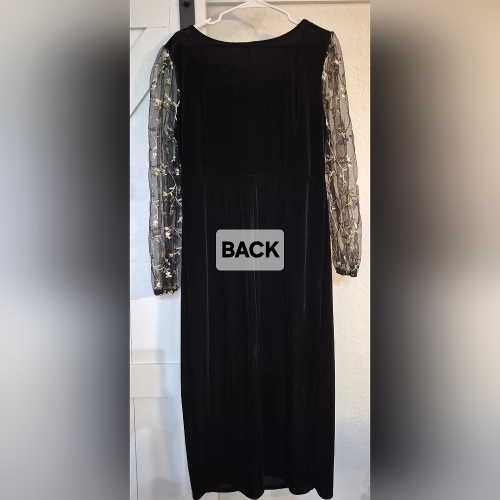 Macy's Black Velvet Maxi Dress with Floral Embroidered Sleeves - Picture 5 of 9